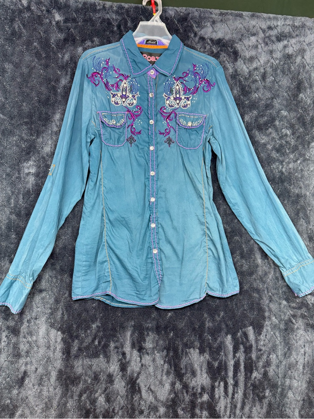 Roar Teal Embroidered Western Shirt with Purple Accents